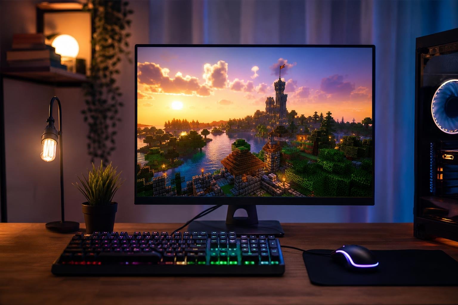 A gaming setup displaying a block-based multiplayer survival world on a modern monitor.