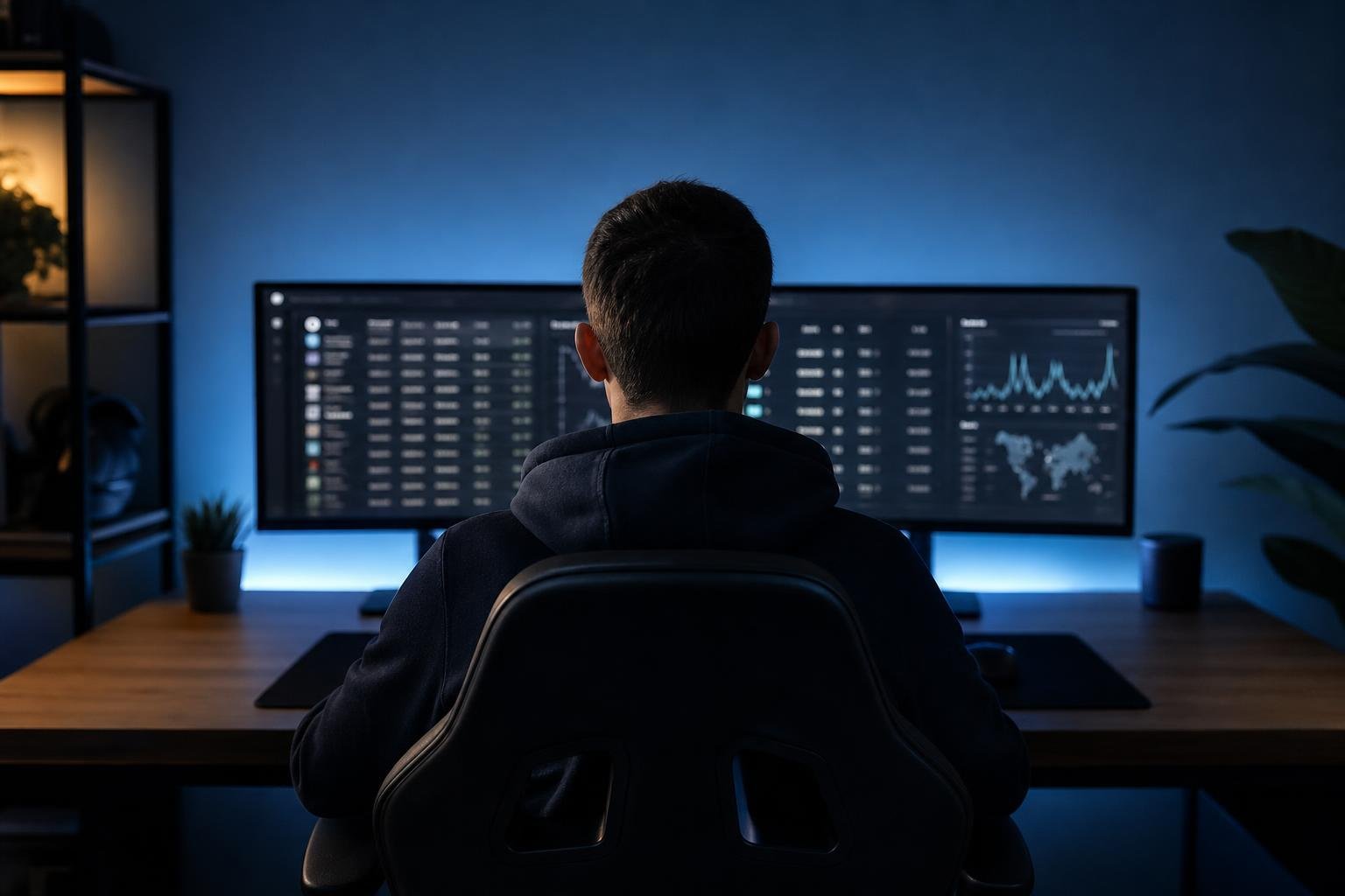 A gamer reviewing server statistics and toplists on a dual-monitor setup in a dimly lit room.